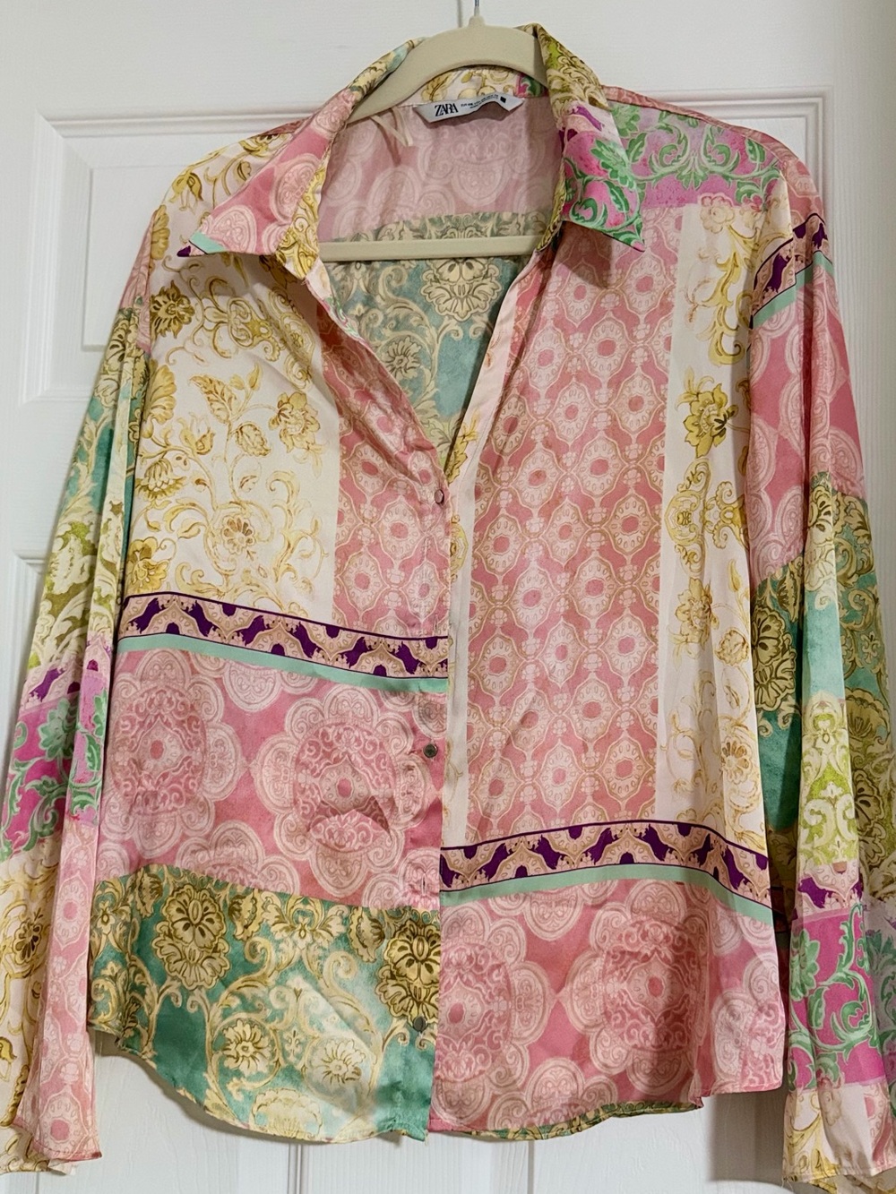 Zara Pink Green Gold Patchwork Satin Button-Down Shirt